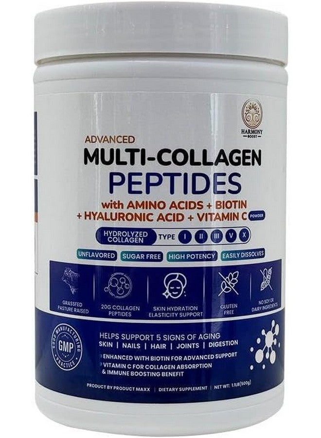 Multi-Collagen Peptides Powder | Hydrolyzed Types I, II, III, V & X | With Biotin, Hyaluronic Acid, Vitamin C | Supports Skin, Hair, Nails, Joints & Digestion | Unflavored, Sugar-Free | 1.1LB (500g) - Image 1