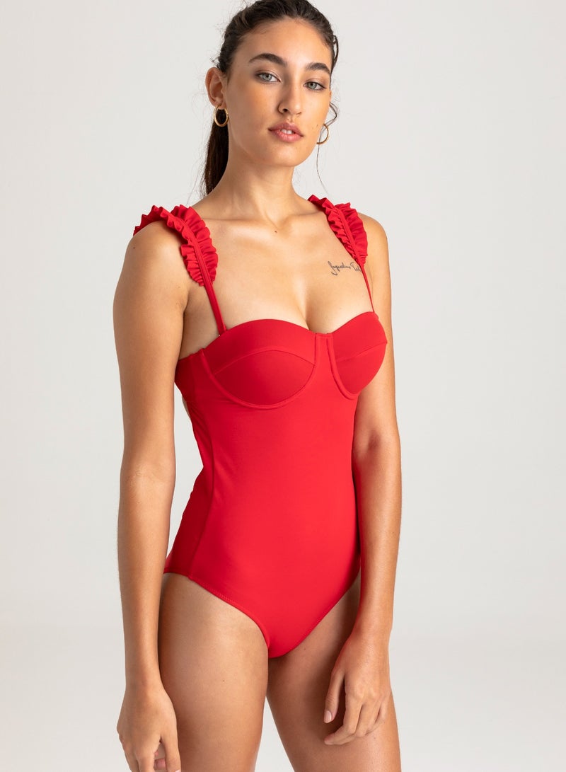 VULEVU Ruffled One Piece Swimsuit Red - Image 3