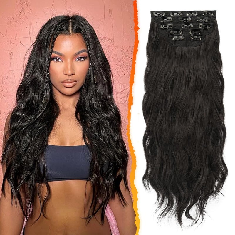 BARSDAR 18 Inch Wavy Clip in Hair Extensions  5PCS Thick Soft Synthetic Hairpieces  Black Brown Full Head Clip in Hair Extensions for Women  Long Voluminous Easy Wear for Daily Party Halloween