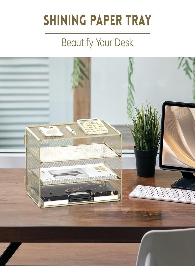 DALTACK 3 Tier Letter Tray Paper Organizer Mesh Metal Desk File Organizer for Home & Office, Golden Yellow - Image 3