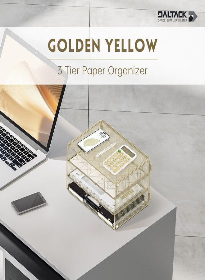 DALTACK 3 Tier Letter Tray Paper Organizer Mesh Metal Desk File Organizer for Home & Office, Golden Yellow - Image 2