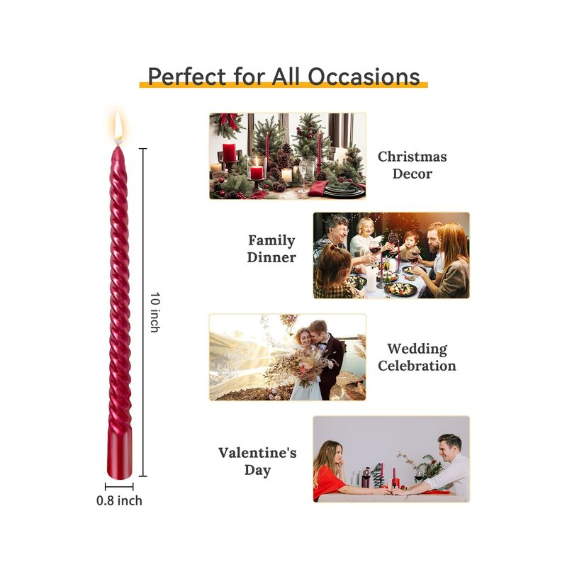 12 شمعة مدببة بطول 10 بوصات، شموع غير معطرة وخالية من الدخان للاستخدام المنزلي، وحفلات الزفاف، وأعياد الميلاد، وديكور المنزل (أحمر) - Image 2