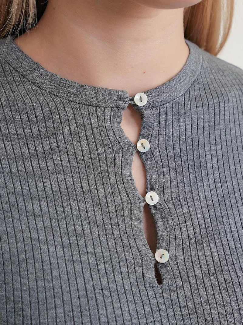Mixray Grey MIXRAY Button Detailed Crew Neck Sweater for Women | Best Price UAE