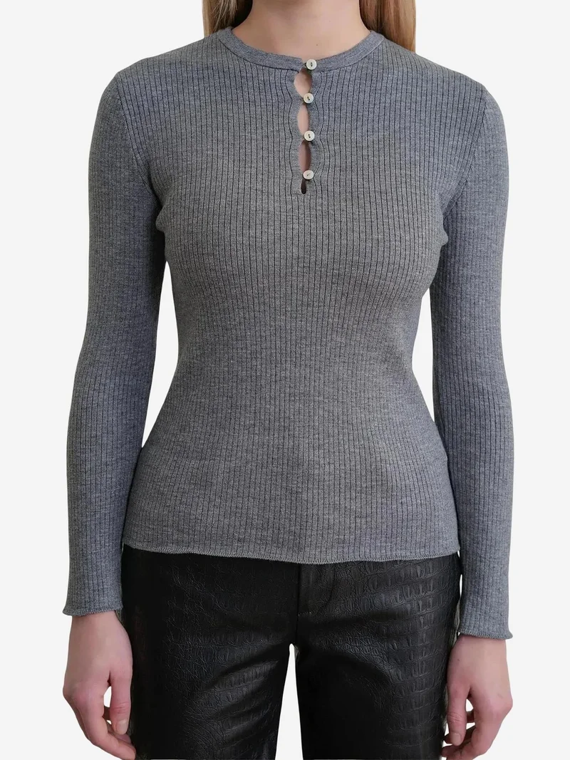 Mixray Grey MIXRAY Button Detailed Crew Neck Sweater for Women | Best Price UAE