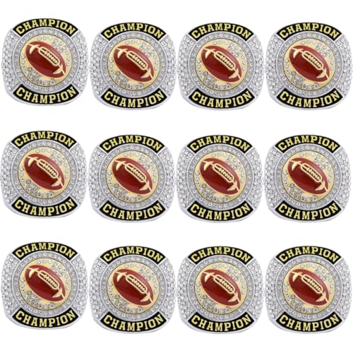 CHXIXUE Size 8 to 14 Football Championship Rings Football Finalist Ring Sport Ball Award Gift for Tournament or League Champion Winner 12 Pack rings size 10 - Image 1