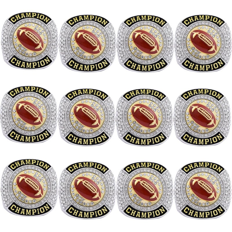 CHXIXUE Size 8 to 14 Football Championship Rings Football Finalist Ring Sport Ball Award Gift for Tournament or League Champion Winner 12 Pack rings size 10 - Image 2