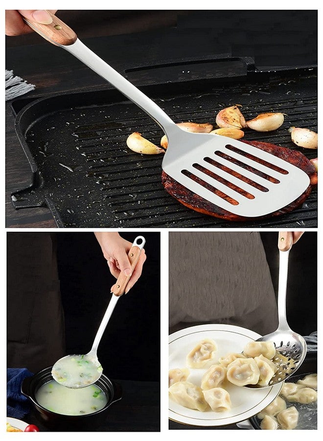 Naidev 3 Piece Kitchen Cooking Stainless Steel Utensils Set Wooden Handle Cooking Tools Gadgets Spatula Set with Hook,Slotted Turner,Slotted Skimmer,Ladle, - Image 2