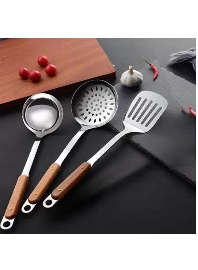 Naidev 3 Piece Kitchen Cooking Stainless Steel Utensils Set Wooden Handle Cooking Tools Gadgets Spatula Set with Hook,Slotted Turner,Slotted Skimmer,Ladle, - Image 1