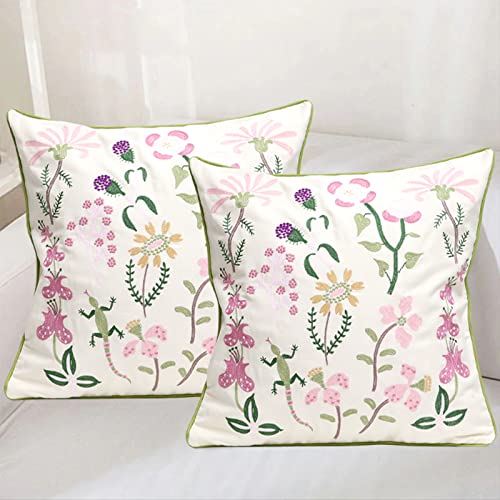 Pilmandu Set of 2 Embroidered Decorative Throw Pillow Covers Couch Square Pillowcases Cushion for Bedroom Sofa Farmhouse Decor 18x18 Inch (Gecko Flower) - Image 3
