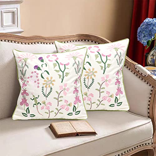 Pilmandu Set of 2 Embroidered Decorative Throw Pillow Covers Couch Square Pillowcases Cushion for Bedroom Sofa Farmhouse Decor 18x18 Inch (Gecko Flower) - Image 2