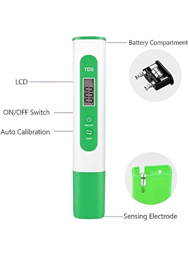 TDS Meter Digital Water Quality Tester for RO-RODI System Drinking Water,Aquariums, Hydroponics,0-9990 ppm Measuring Range,1 ppm Increments,2% Readout Accuracy（Green） - Image 3