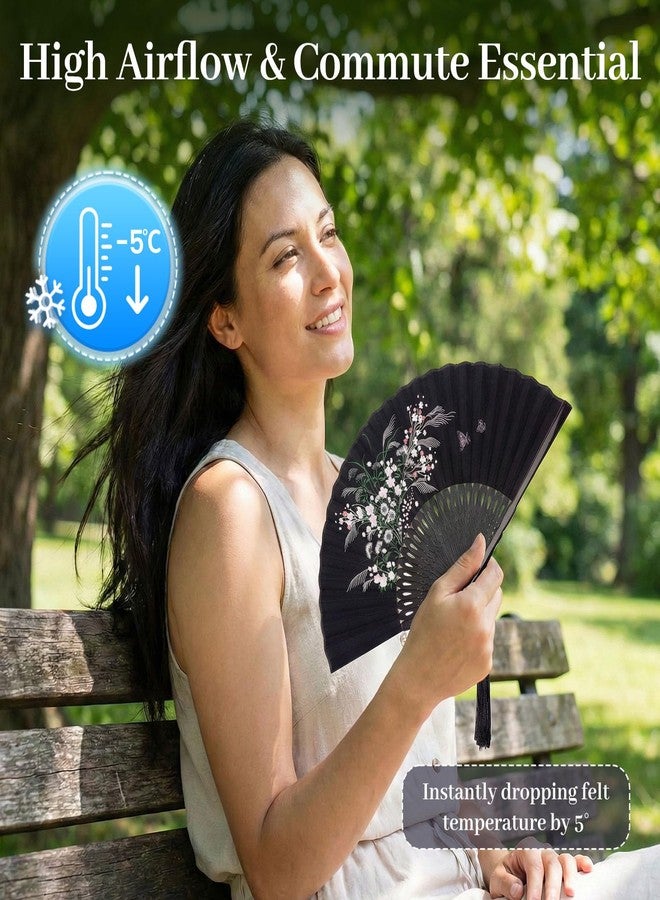 جوهاوس مروحة يدوية قابلة للطي من القماش الأسود من جوهاوس، مزينة بشرابة وحقيبة - مروحة يدوية أنيقة قابلة للطي للنساء، مثالية لحفلات الزفاف للضيوف، هدية آسيوية على الطراز الصيني والياباني للحفلات والرقص وتزيين المنزل - Image 4