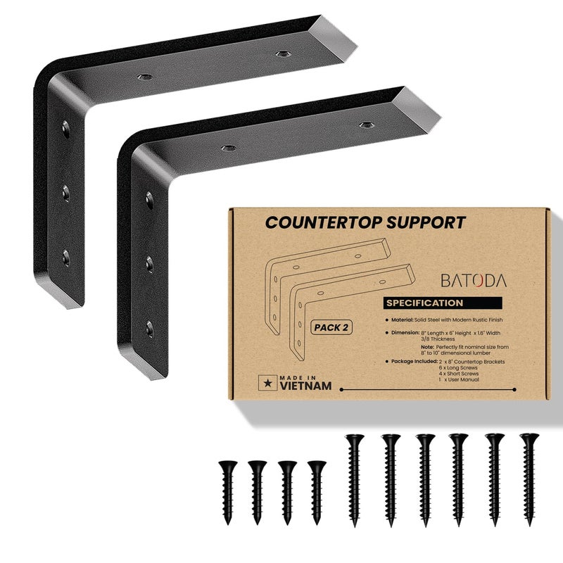 BATODA 8 Countertop Support Brackets 2 Pcs for Granite Heavy Duty L Shelf Bracket Wall Mounted for DIY Open Shelving Blind Shelf Support 8 Inch Pack 2