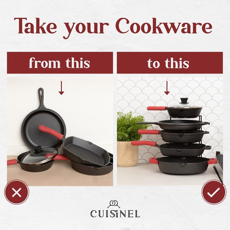 Cuisinel Pan Organizer - Silicone-Coated Non-Slip 12" Heavy Duty Skillet Rack - Kitchen Counter/Cabinet Organization Storage - Holder for Cookie Sheet, Cutting Board, Cast Iron Cookware, Dish, Pot, Lid Stand - Image 4
