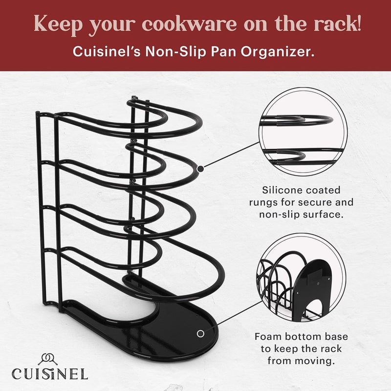 Cuisinel Pan Organizer - Silicone-Coated Non-Slip 12" Heavy Duty Skillet Rack - Kitchen Counter/Cabinet Organization Storage - Holder for Cookie Sheet, Cutting Board, Cast Iron Cookware, Dish, Pot, Lid Stand - Image 2
