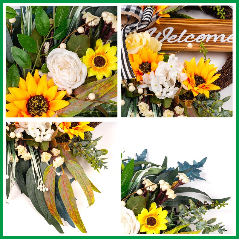 Soosubel Spring Summer Wreaths for Front Door Porch Wall Window, 22" Farmhouse Sunflower Welcome Sign Wreath for Home Decor Outdoor Indoor - Image 2