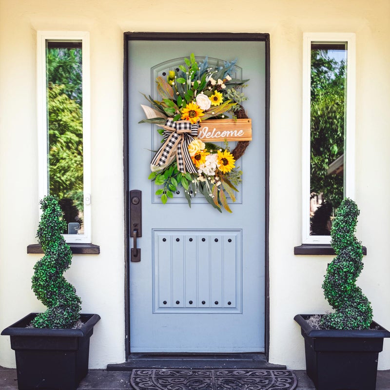 Soosubel Spring Summer Wreaths for Front Door Porch Wall Window, 22" Farmhouse Sunflower Welcome Sign Wreath for Home Decor Outdoor Indoor - Image 4