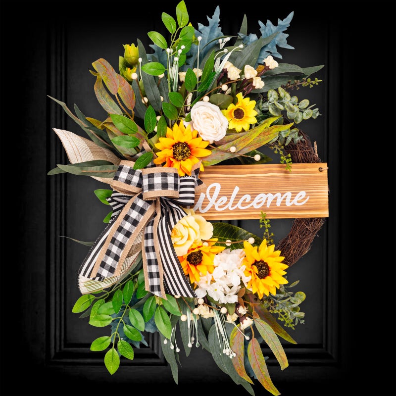 Soosubel Spring Summer Wreaths for Front Door Porch Wall Window, 22" Farmhouse Sunflower Welcome Sign Wreath for Home Decor Outdoor Indoor - Image 1