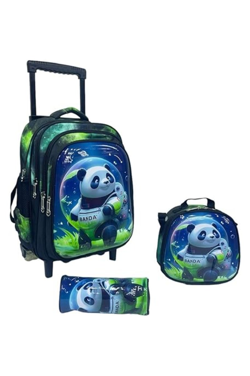 باندا مجموعة حقيبة ظهر بعجلات للأطفال، 3 قطع، حقيبة رولينغ بحجم 41.9 سم و 45.7 سم مع صندوق غداء وحافظة أقلام