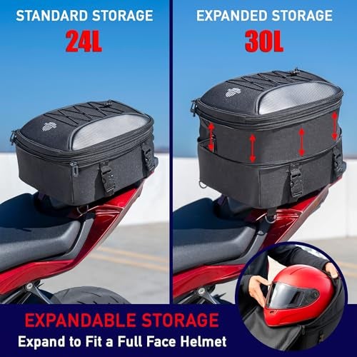 Nomad USA Motorcycle Tail Bag Fits Helmets, 22L-35L Expandable Hard Shell Waterproof Reflective Dual Rear Seat/Rack Bag Converts to Motorbike Backpack/Hand Carry Quick Release Bag w/Rain Cover - Image 2