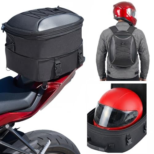 Nomad USA Motorcycle Tail Bag Fits Helmets, 22L-35L Expandable Hard Shell Waterproof Reflective Dual Rear Seat/Rack Bag Converts to Motorbike Backpack/Hand Carry Quick Release Bag w/Rain Cover - Image 1