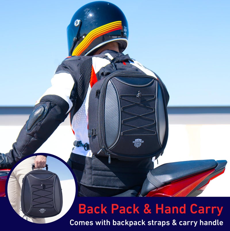 Nomad USA Motorcycle Tail Bag Fits Helmets, 22L-35L Expandable Hard Shell Waterproof Reflective Dual Rear Seat/Rack Bag Converts to Motorbike Backpack/Hand Carry Quick Release Bag w/Rain Cover - Image 4