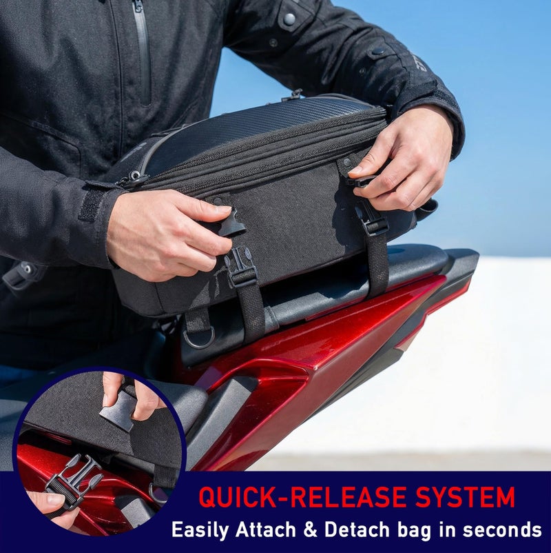 Nomad USA Motorcycle Tail Bag Fits Helmets, 22L-35L Expandable Hard Shell Waterproof Reflective Dual Rear Seat/Rack Bag Converts to Motorbike Backpack/Hand Carry Quick Release Bag w/Rain Cover - Image 3