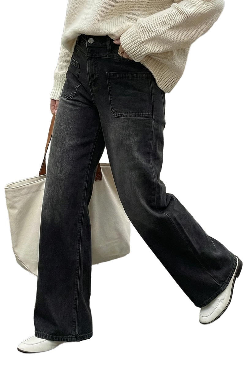 Arach&Cloz Wide Leg Jeans Woman Fashion Stretchy Baggy Jeans High Waisted Trousers Adjustable Wasit with Button Casual Trendy Loose Denim Straight Pants with Pockets Black M - Image 2