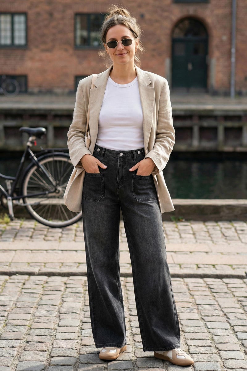 Arach&Cloz Wide Leg Jeans Woman Fashion Stretchy Baggy Jeans High Waisted Trousers Adjustable Wasit with Button Casual Trendy Loose Denim Straight Pants with Pockets Black M - Image 4