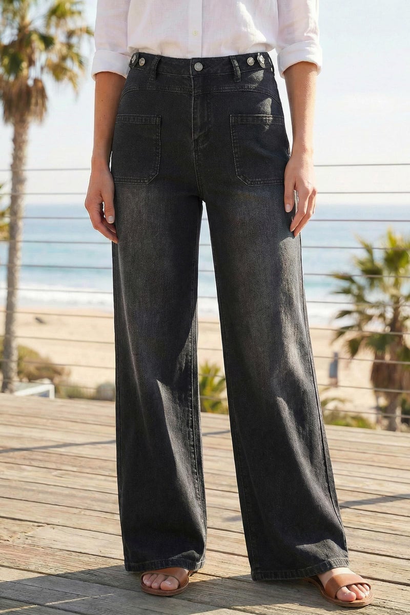 Arach&Cloz Wide Leg Jeans Woman Fashion Stretchy Baggy Jeans High Waisted Trousers Adjustable Wasit with Button Casual Trendy Loose Denim Straight Pants with Pockets Black M - Image 3