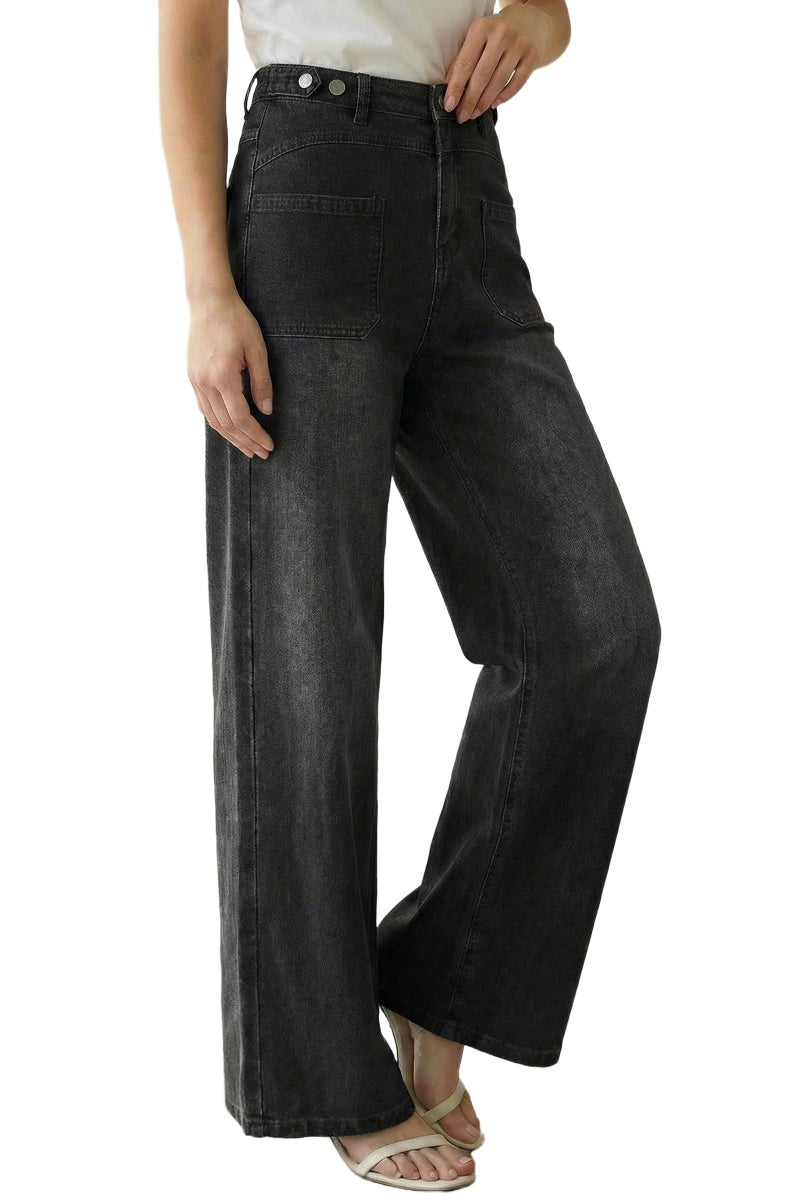 Arach&Cloz Wide Leg Jeans Woman Fashion Stretchy Baggy Jeans High Waisted Trousers Adjustable Wasit with Button Casual Trendy Loose Denim Straight Pants with Pockets Black M - Image 1