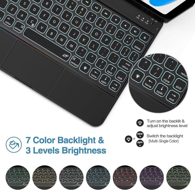 Procases 360° Rotation Ipad A16 11Th 2025 / Ipad 10Th Generation Keyboard Case With Multi-Touch Trackpad For, 7 Color Backlit Touchpad Keyboard Case For 11Th/10Th Gen 11/10.9 Inch –Black - Image 4