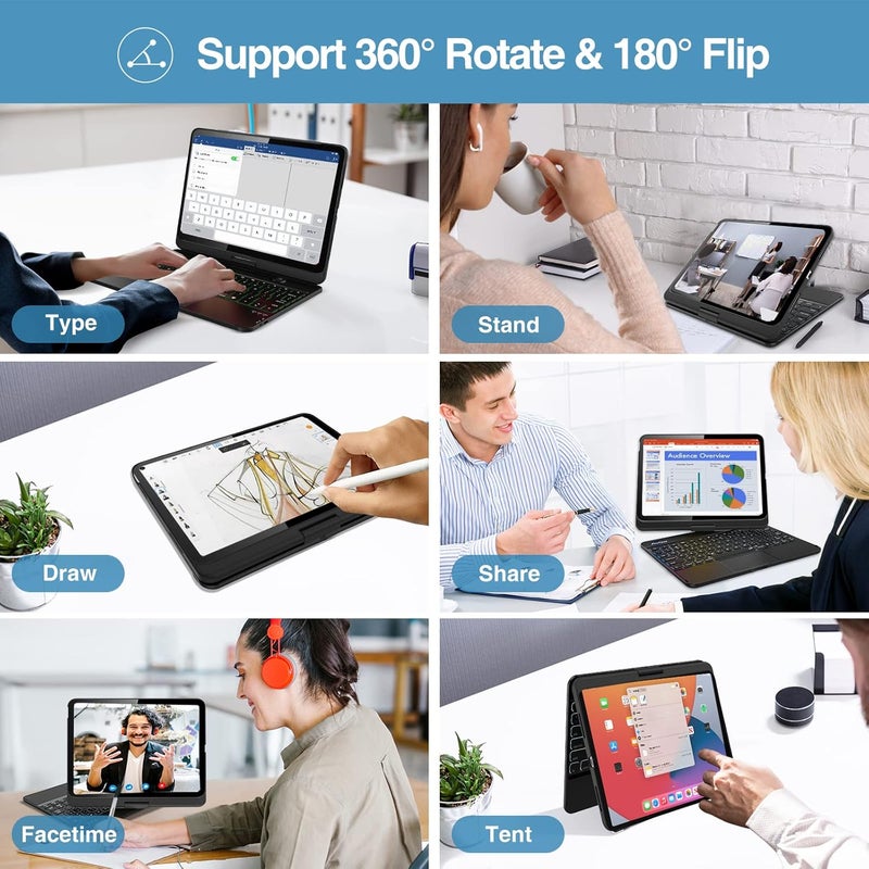 Procases 360° Rotation Ipad A16 11Th 2025 / Ipad 10Th Generation Keyboard Case With Multi-Touch Trackpad For, 7 Color Backlit Touchpad Keyboard Case For 11Th/10Th Gen 11/10.9 Inch –Black - Image 3
