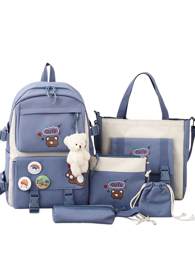 HQ-GAMING - Teen Bookbag Anti-Theft Backpack Multi Pockets Waterproof Daypack 5Pcs Student Crossbody Shoulder Bags Oxford Handbag Boys Blue+ Bear - Image 1