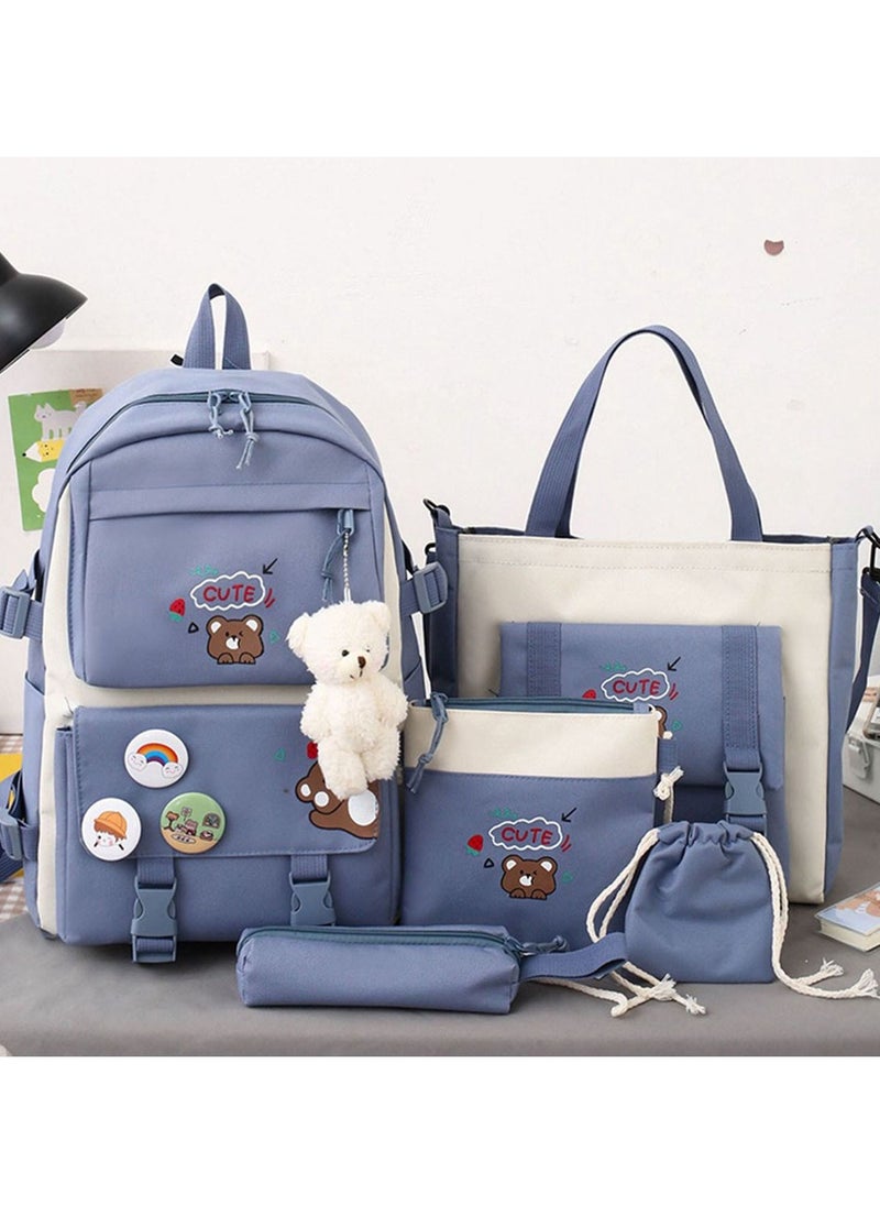 HQ-GAMING - Teen Bookbag Anti-Theft Backpack Multi Pockets Waterproof Daypack 5Pcs Student Crossbody Shoulder Bags Oxford Handbag Boys Blue+ Bear - Image 1