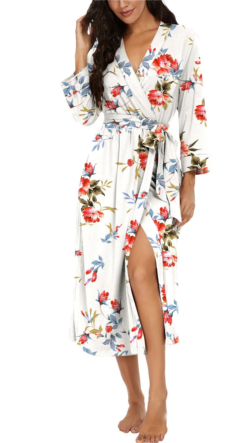 VINTATRE Women Kimono Robes Long Knit Bathrobe Lightweight Soft Knit Sleepwear V-neck Casual Ladies Loungewear FP-White-Large - Image 1