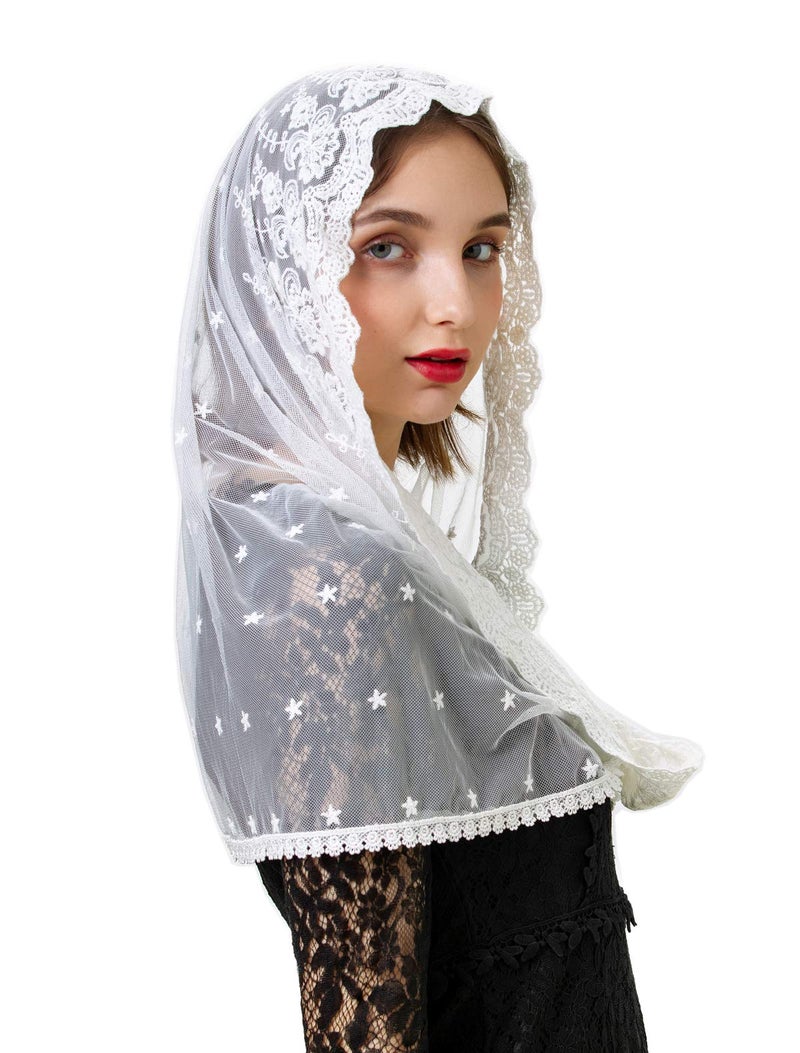 PAMOR Infinity Venise Lace Chapel Veil Latin Mass Mantilla Floral Church Veils Head Covering (White) - Image 4