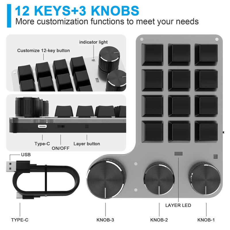 12-Keys 3 Knob Gaming Keypad Red Switch Keyboard with USB Wired+BT Dual Mode Multi-Function Shortcut Custom Keypad for PC Desktop - Image 2