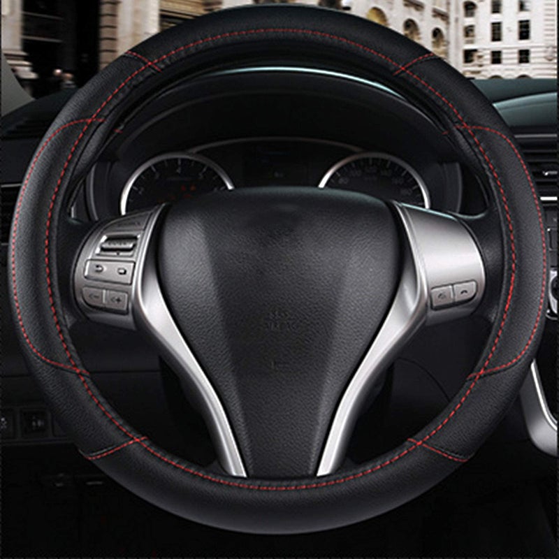 szttswamp Leather Car Steering Wheel Cover, Non-Slip Car Wheel Cover Protector Breathable Microfiber Leather Universal Fit for Most Cars(Black) - Image 5