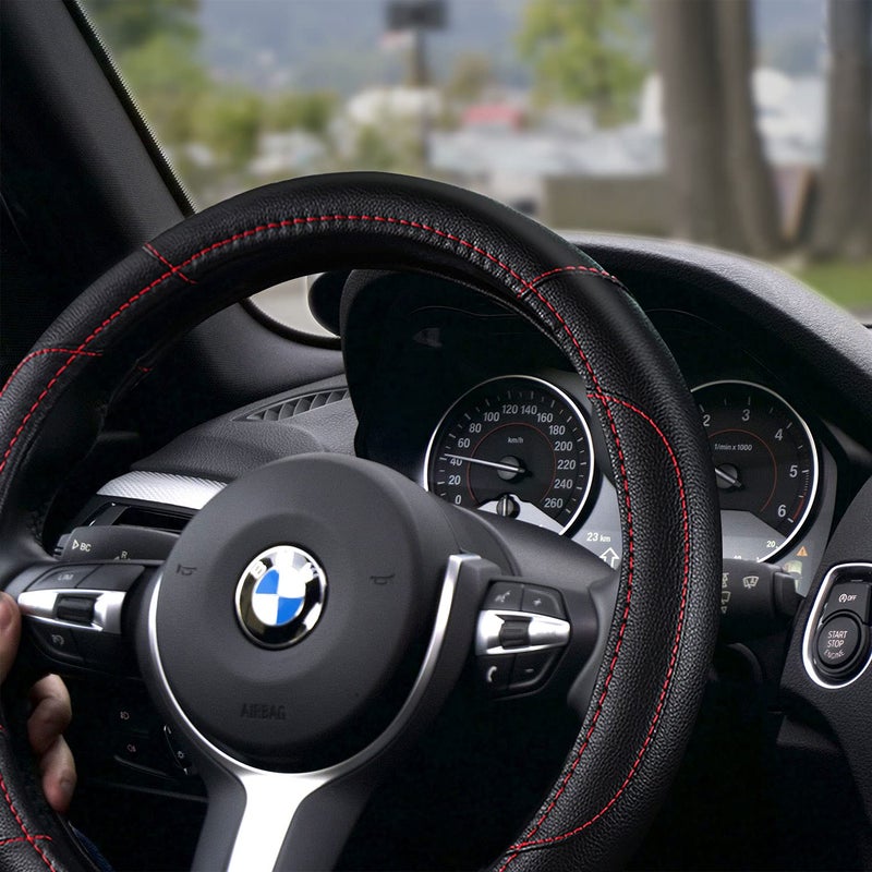 szttswamp Leather Car Steering Wheel Cover, Non-Slip Car Wheel Cover Protector Breathable Microfiber Leather Universal Fit for Most Cars(Black) - Image 2