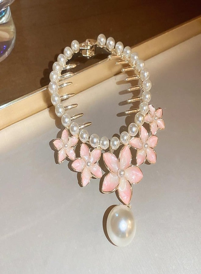 Jumwrit Pearl Flower Ponytail Buckle Hair Clip Strong Hold Gold Metal Bun Claw Clip Floral Tassel Hair Barrette Cuff Hairpin Fashion Hair Styling Accessories for Women Girls (Pink) - Image 2