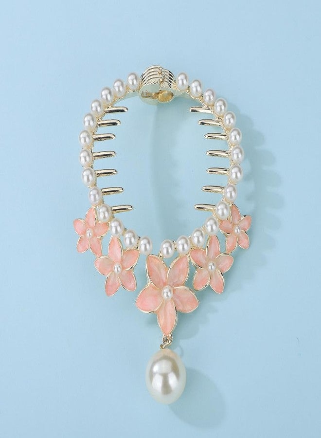 Jumwrit Pearl Flower Ponytail Buckle Hair Clip Strong Hold Gold Metal Bun Claw Clip Floral Tassel Hair Barrette Cuff Hairpin Fashion Hair Styling Accessories for Women Girls (Pink) - Image 3