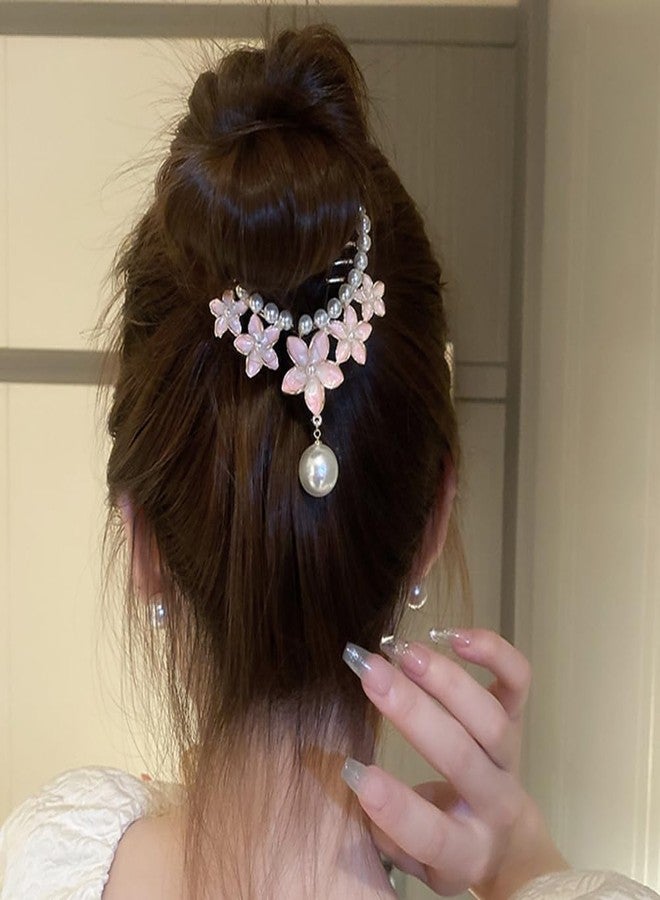 Jumwrit Pearl Flower Ponytail Buckle Hair Clip Strong Hold Gold Metal Bun Claw Clip Floral Tassel Hair Barrette Cuff Hairpin Fashion Hair Styling Accessories for Women Girls (Pink) - Image 1