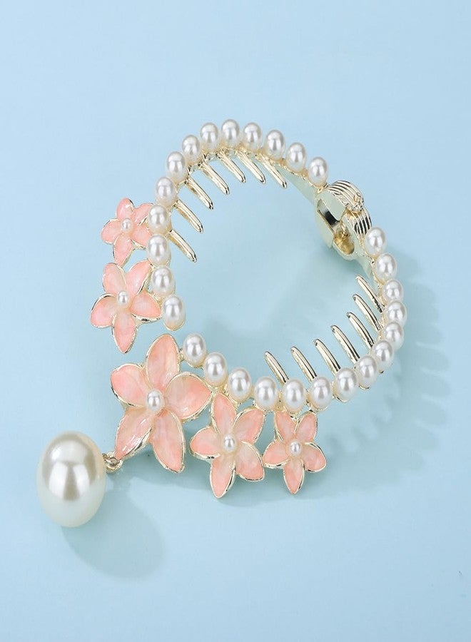 Jumwrit Pearl Flower Ponytail Buckle Hair Clip Strong Hold Gold Metal Bun Claw Clip Floral Tassel Hair Barrette Cuff Hairpin Fashion Hair Styling Accessories for Women Girls (Pink) - Image 4
