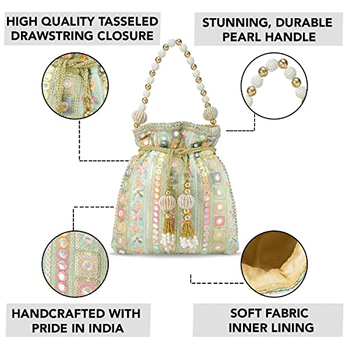Peora Potli Bags for Women Evening Bag Clutch Ethnic Bride Purse with Drawstring (P53MNT), Green - Image 3