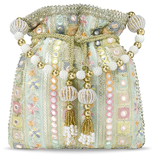 Peora Potli Bags for Women Evening Bag Clutch Ethnic Bride Purse with Drawstring (P53MNT), Green - Image 1