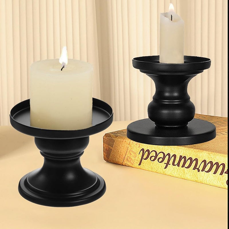 Cagzzee Matte Black Iron Pillar Candle Holders Set of 2 Candlestick Holders Metal Candle Holder for Pillar Taper Table Mantle Fireplace Farmhouse Home Decor - Image 2
