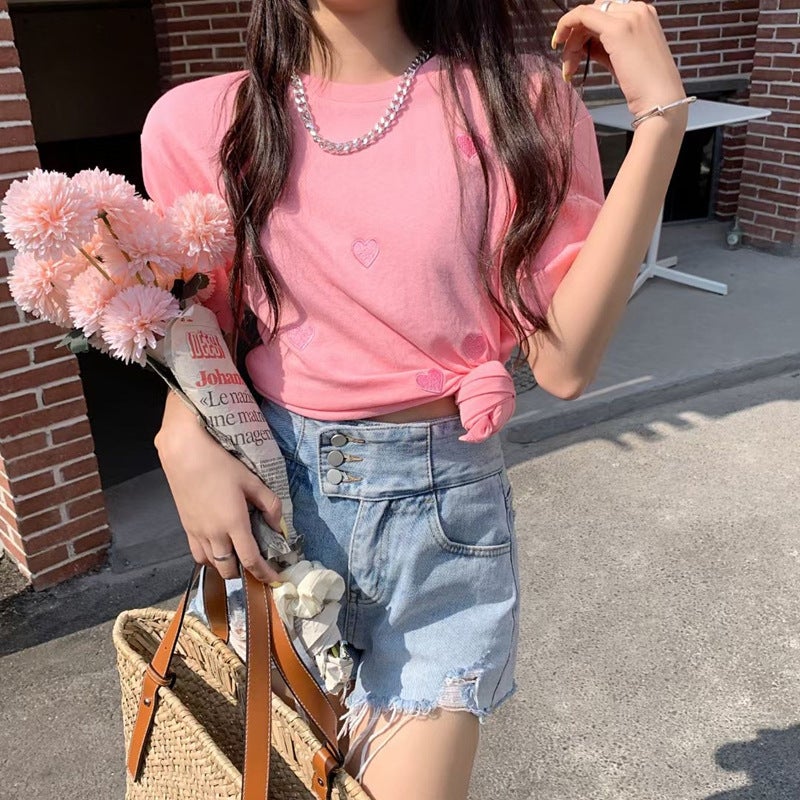 Short-Sleeved T-Shirt for Women, 2025 Summer New Style, Stylish Round Neck with Heart Embroidery, Loose Korean Style Top, Cross-Border Women's Clothing - Image 3