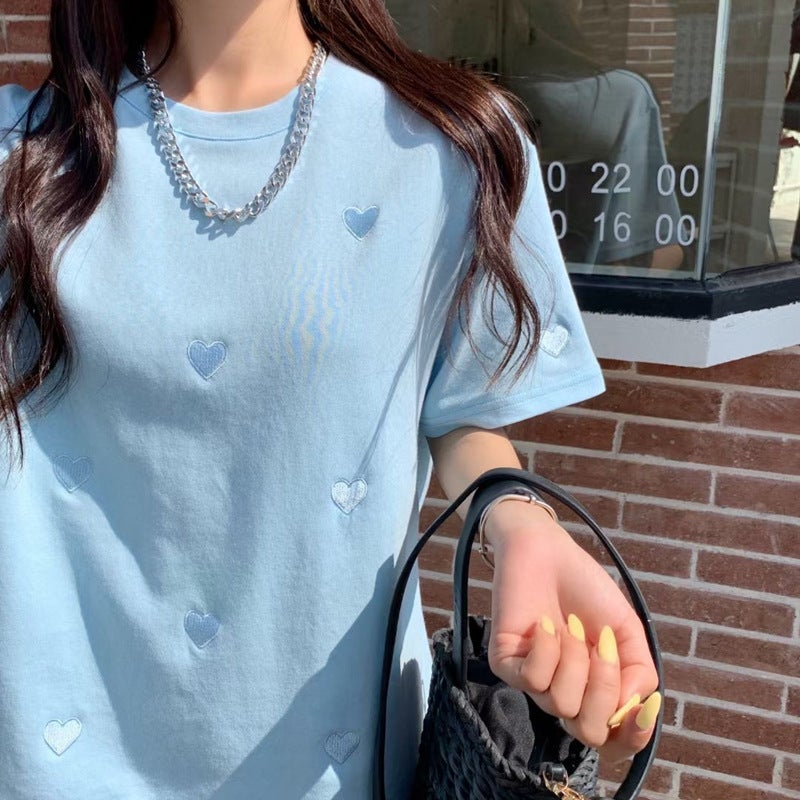 Short-Sleeved T-Shirt for Women, 2025 Summer New Style, Stylish Round Neck with Heart Embroidery, Loose Korean Style Top, Cross-Border Women's Clothing - Image 2