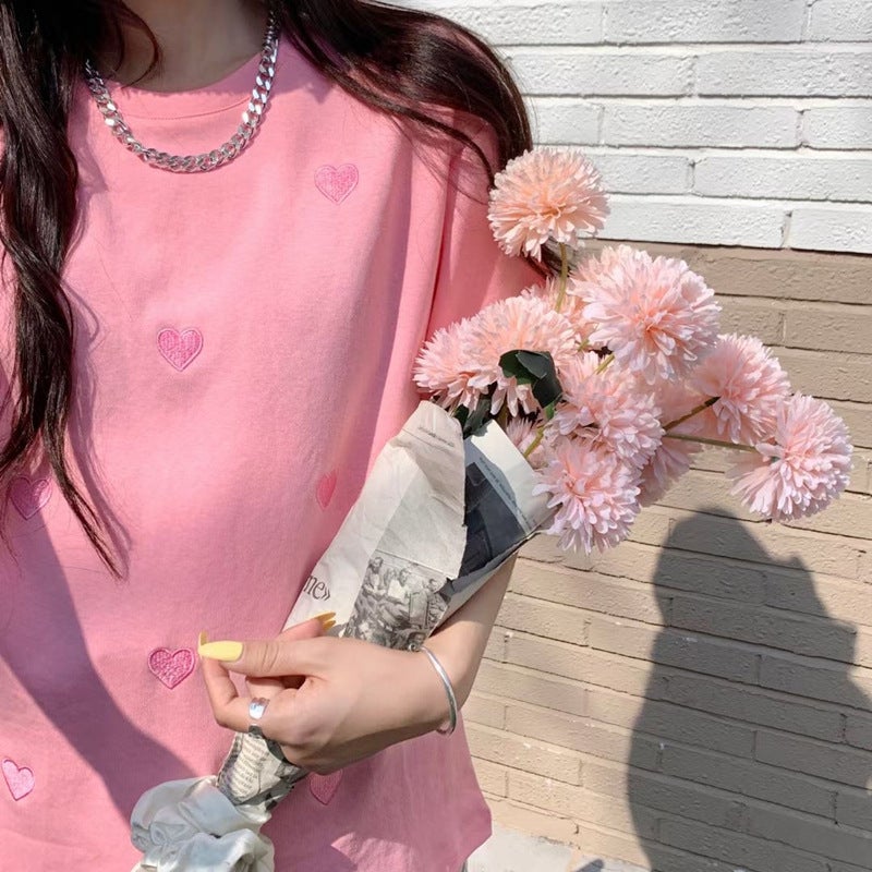 Short-Sleeved T-Shirt for Women, 2025 Summer New Style, Stylish Round Neck with Heart Embroidery, Loose Korean Style Top, Cross-Border Women's Clothing - Image 5
